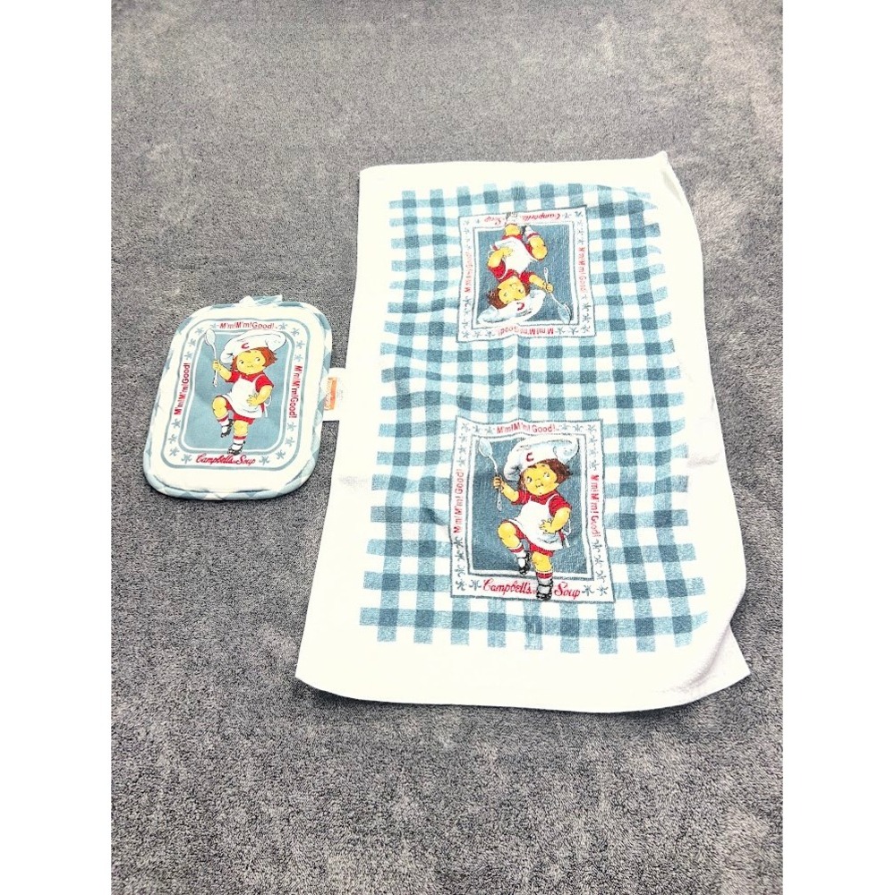Vintage 1999 Campbells Soup Kids Pot Holder and Kitchen Towel Set Blue Gingham